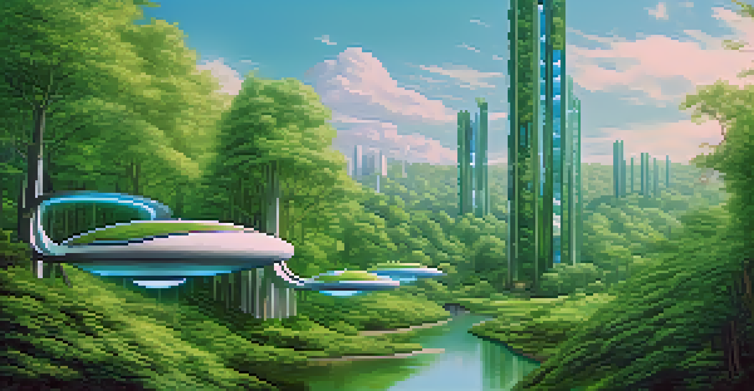 A landscape painting combining a lush forest and a digital cityscape, merging nature with technology.