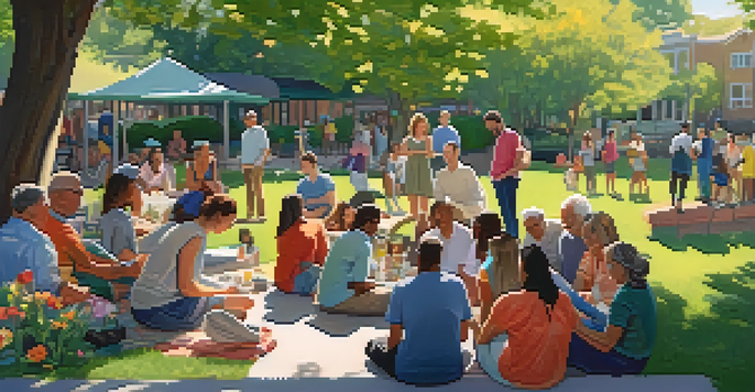 A lively neighborhood gathering in a sunny park where people share experiences about local services.