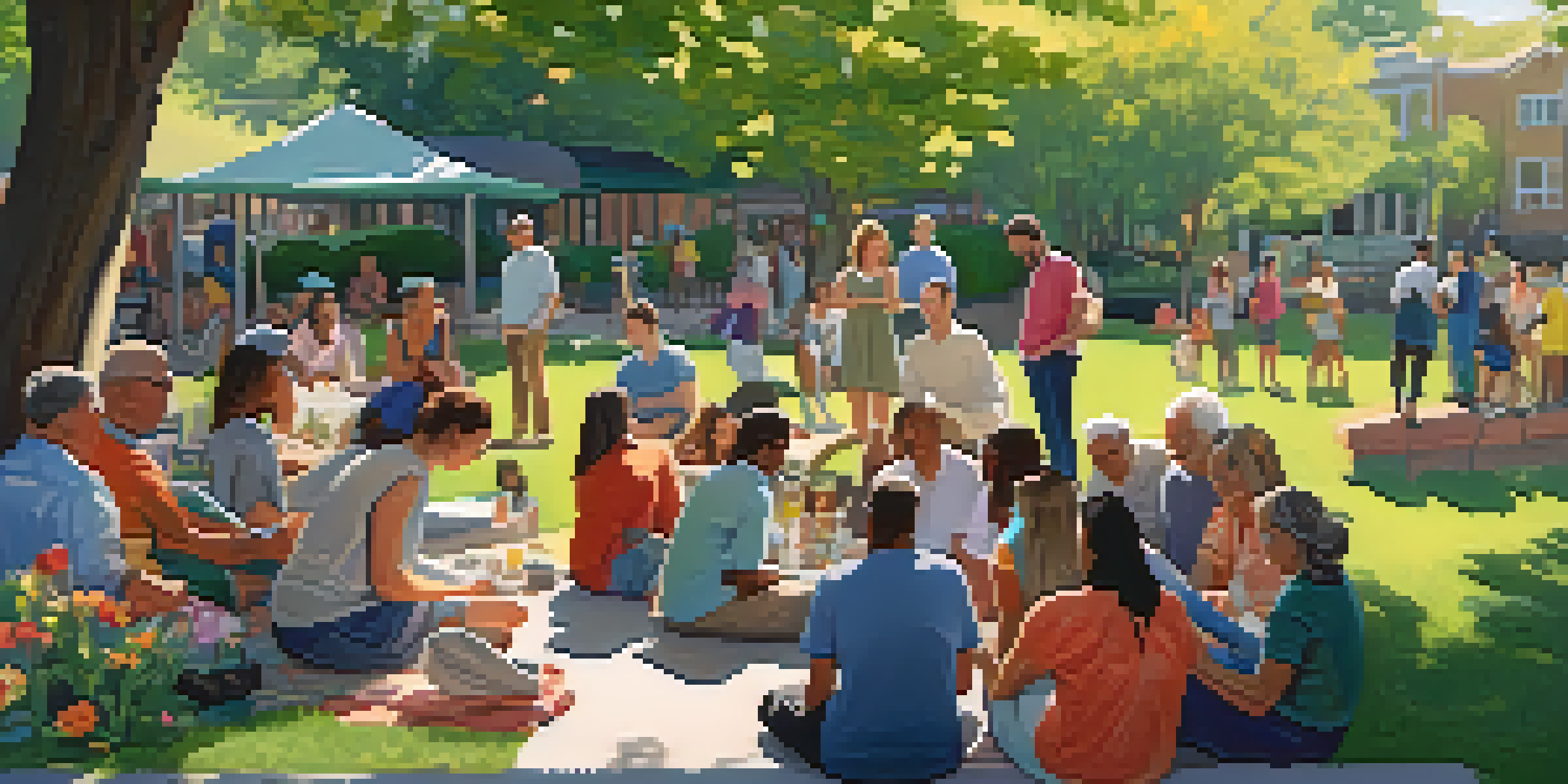 A lively neighborhood gathering in a sunny park where people share experiences about local services.