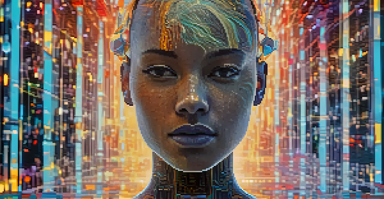 A futuristic AI avatar changing its appearance, surrounded by abstract shapes and colors in a digital environment.