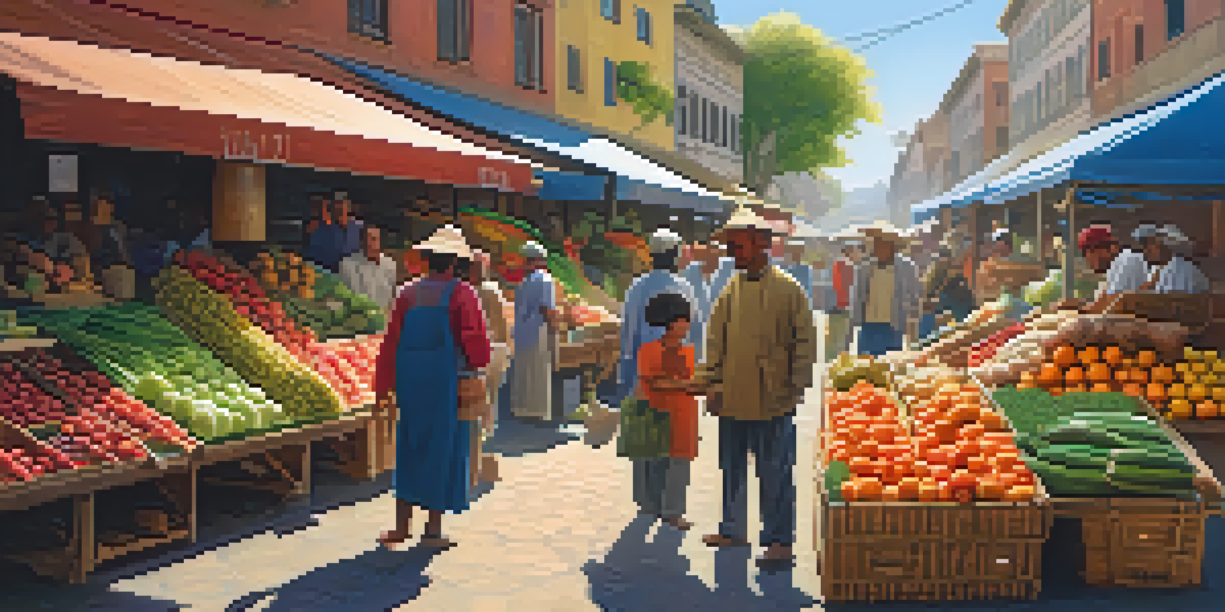 A lively marketplace where farmers are selling fresh produce to customers, emphasizing community and direct trade.