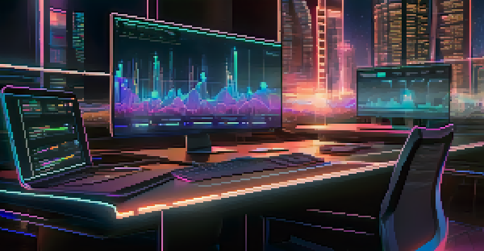 A computer screen showing a decentralized marketplace interface with graphs and transaction data, set against a futuristic cityscape with glowing blockchain nodes.