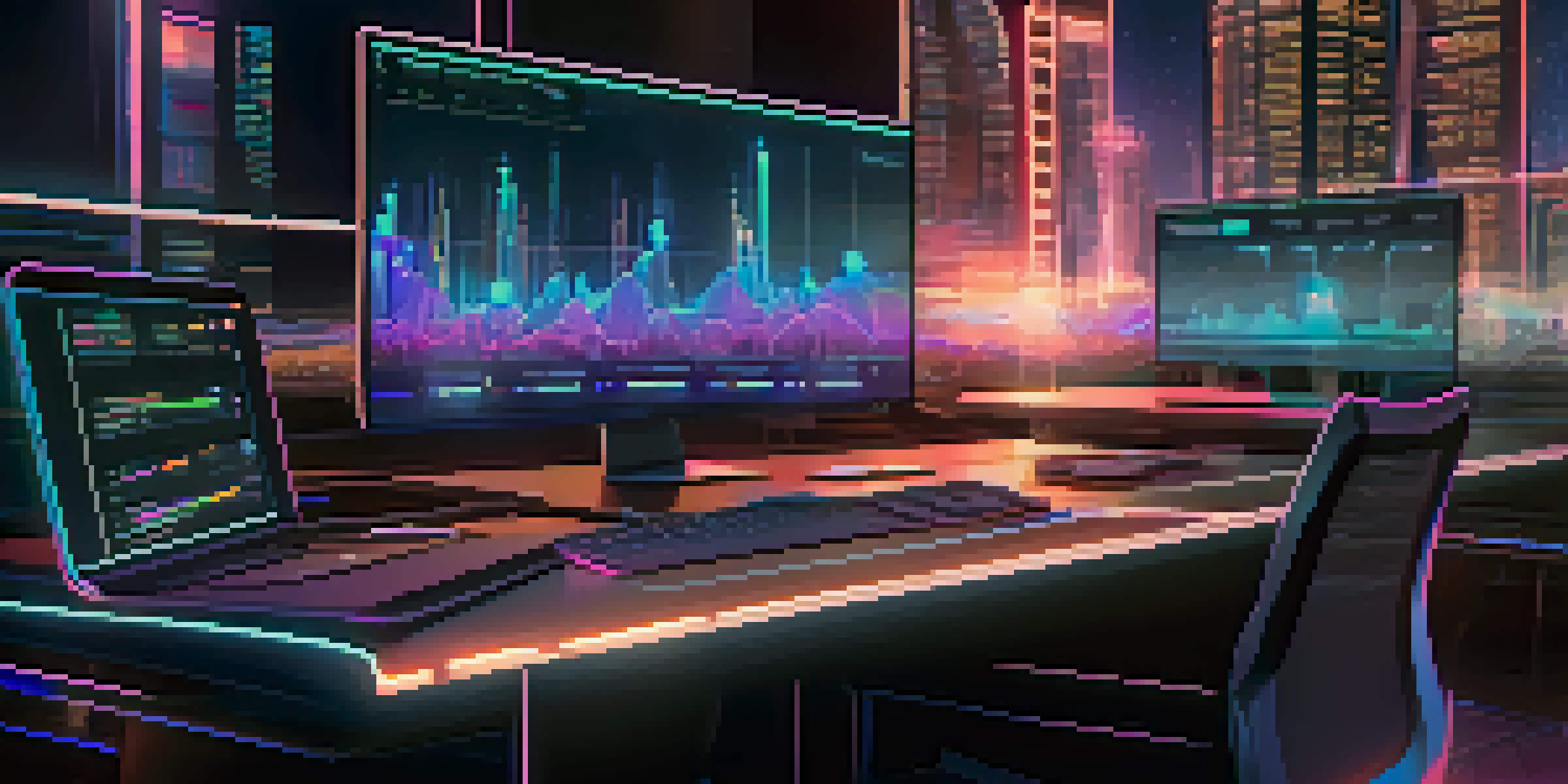 A computer screen showing a decentralized marketplace interface with graphs and transaction data, set against a futuristic cityscape with glowing blockchain nodes.