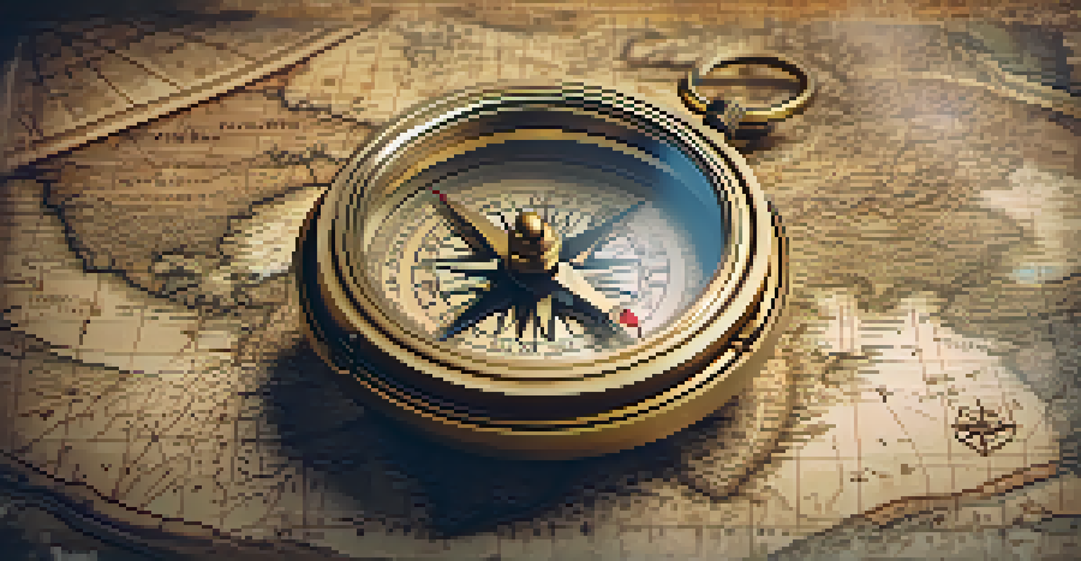 A close-up of a vintage compass on an ancient map with warm lighting.