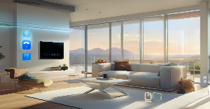 A bright and modern smart home interior featuring a smart thermostat displaying temperature data, surrounded by digital icons for automation.