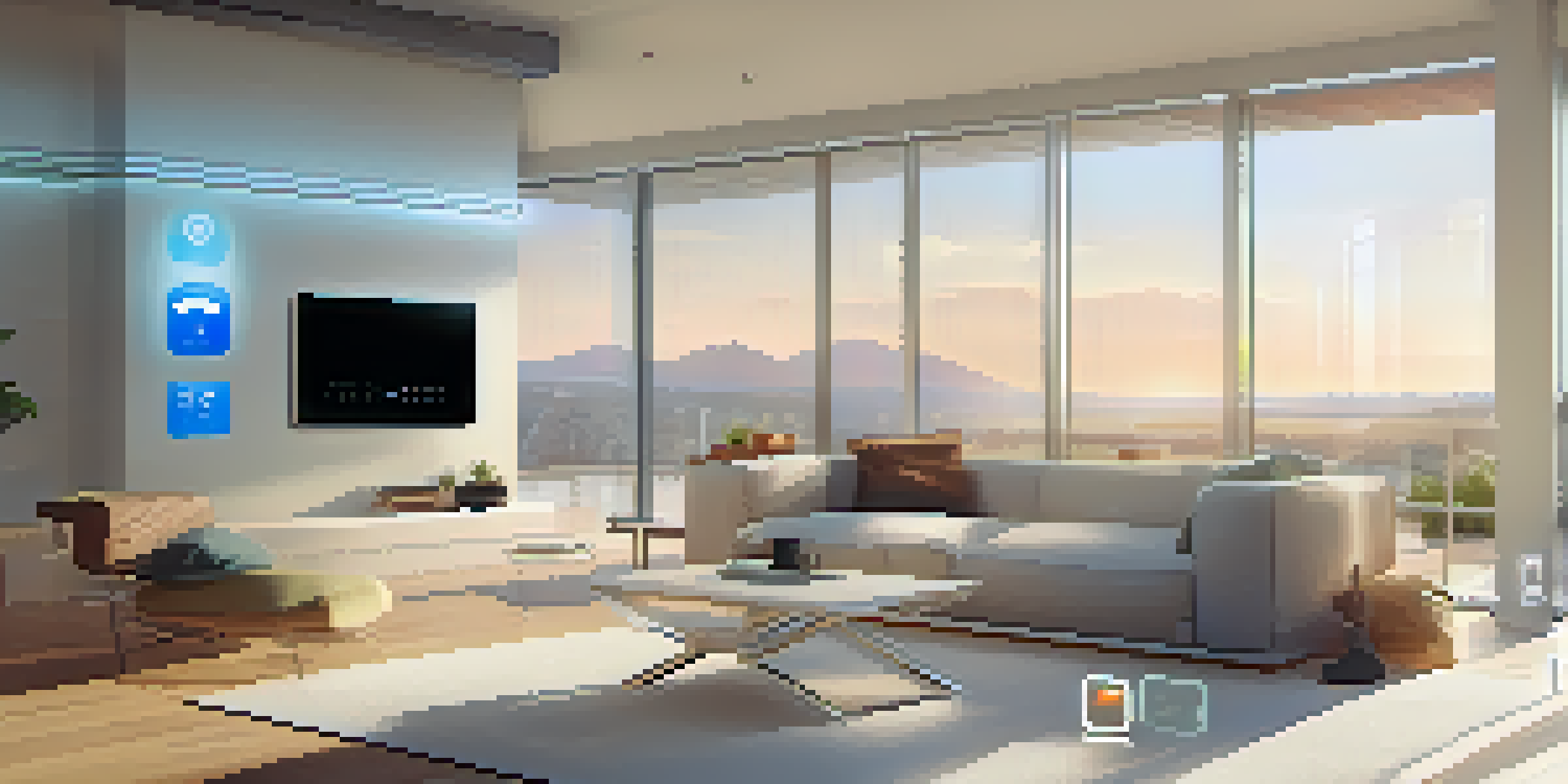 A bright and modern smart home interior featuring a smart thermostat displaying temperature data, surrounded by digital icons for automation.