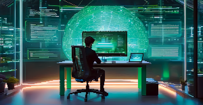 A person working at a modern desk with a large screen showing smart contract code, surrounded by holographic icons and a city view.