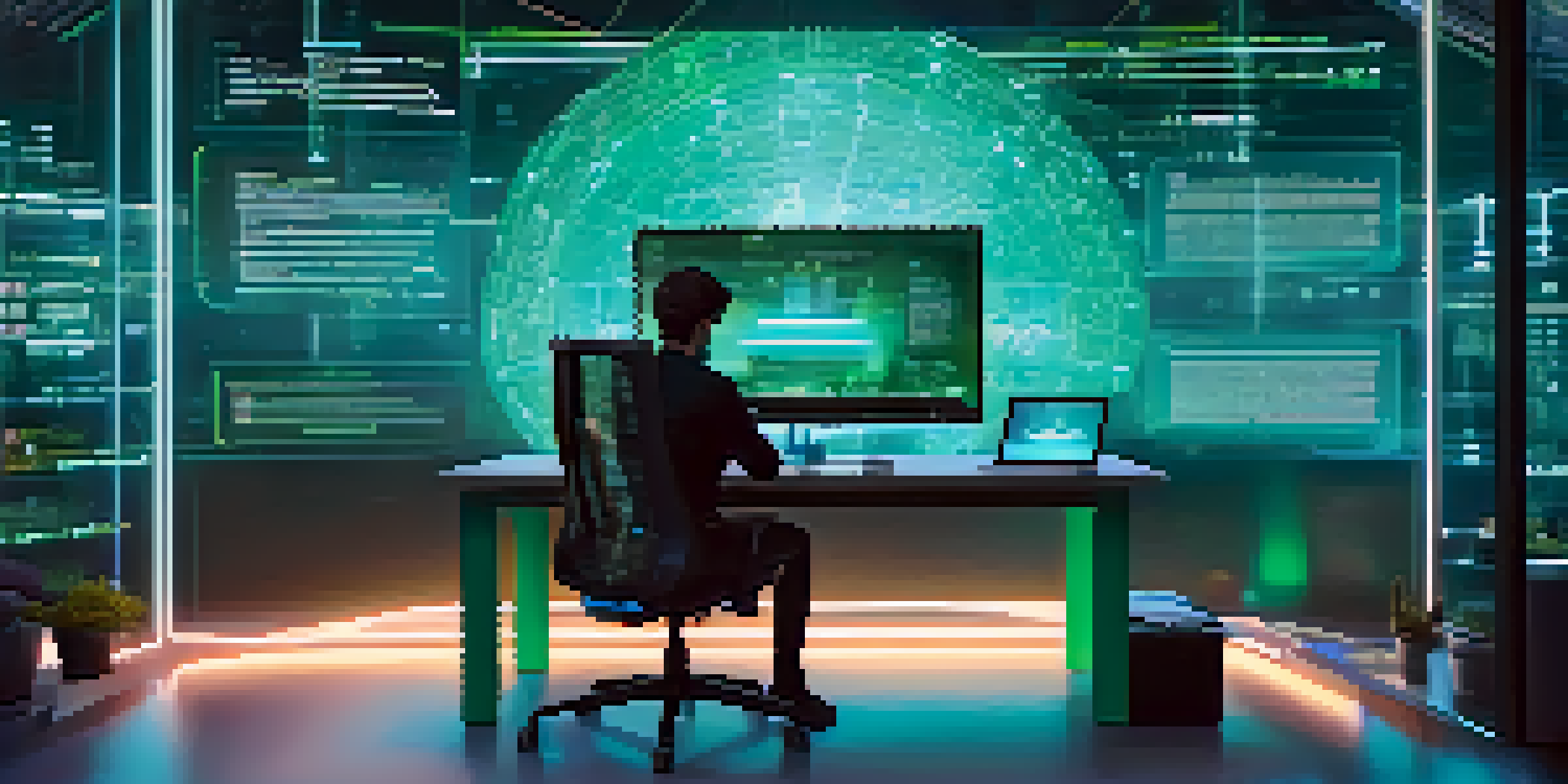 A person working at a modern desk with a large screen showing smart contract code, surrounded by holographic icons and a city view.