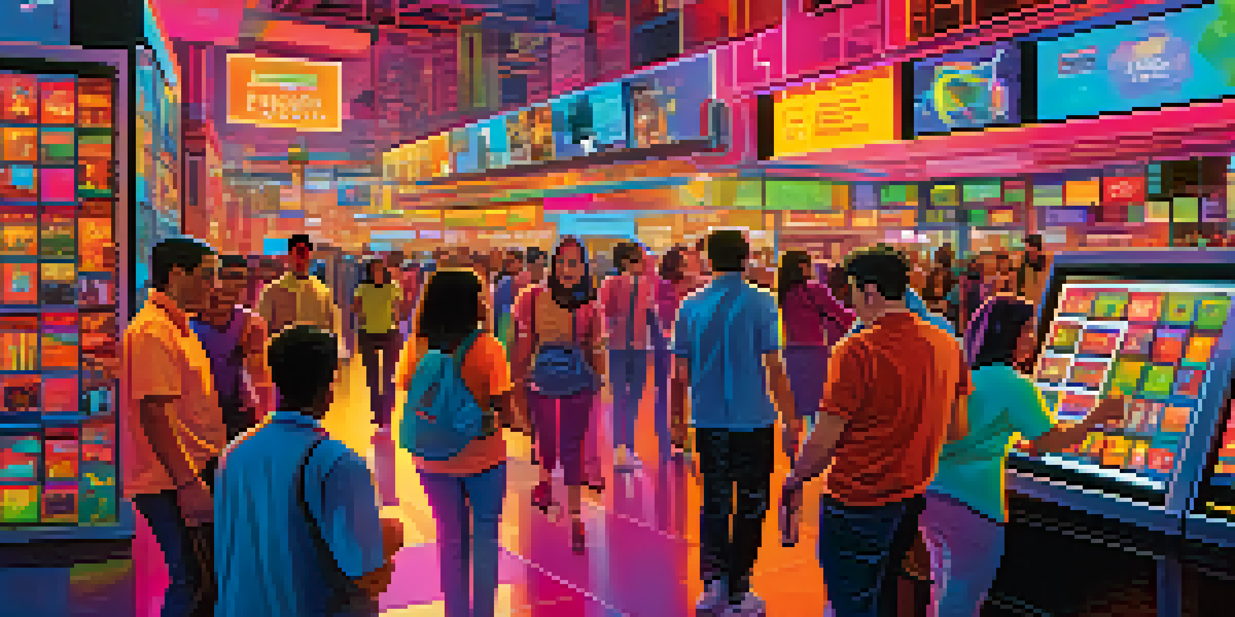 A lively digital marketplace with diverse individuals exchanging social tokens, surrounded by colorful screens showing token values.