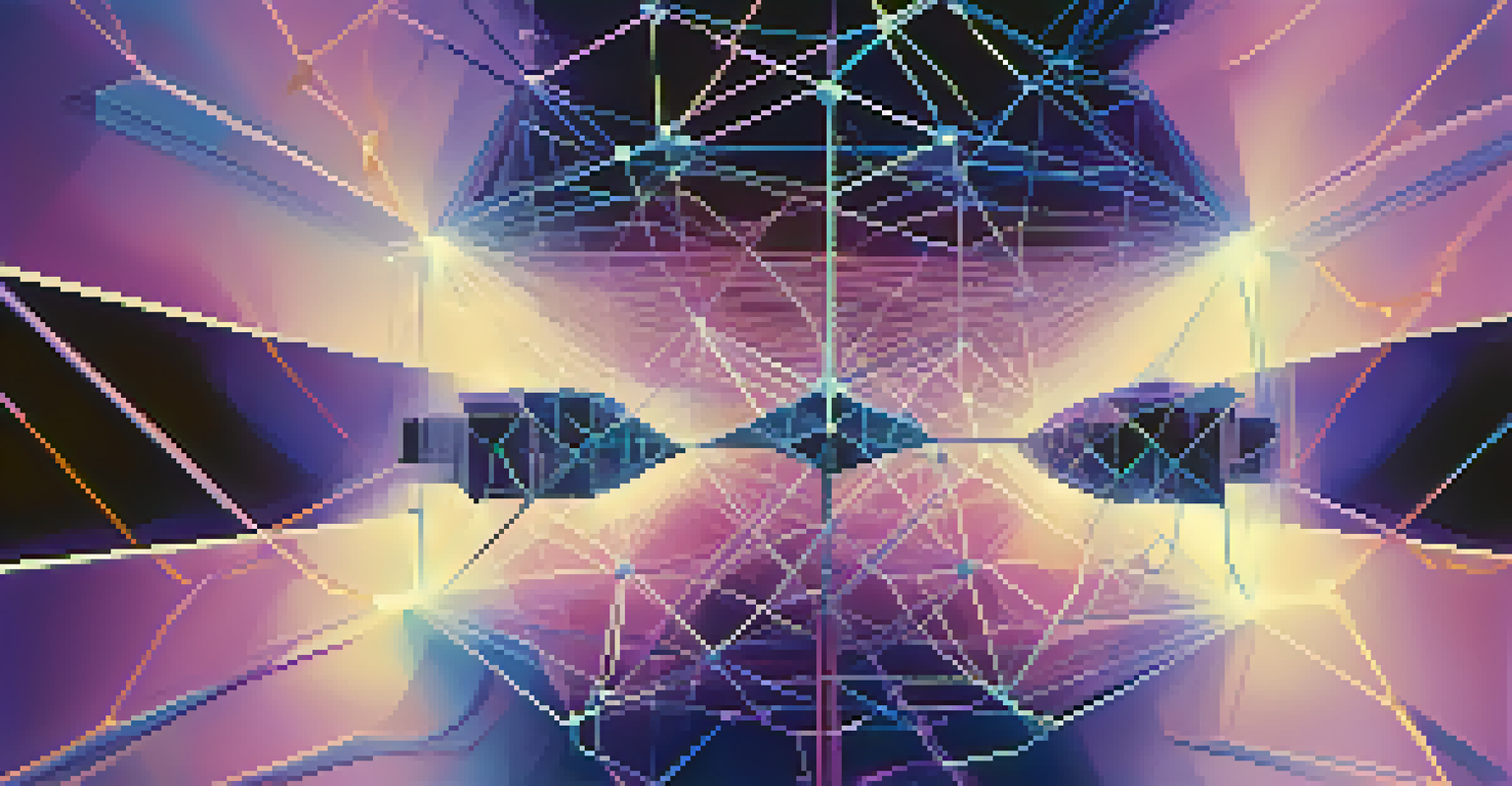 An abstract representation of blockchain technology with glowing nodes and chains on a blue and purple background.