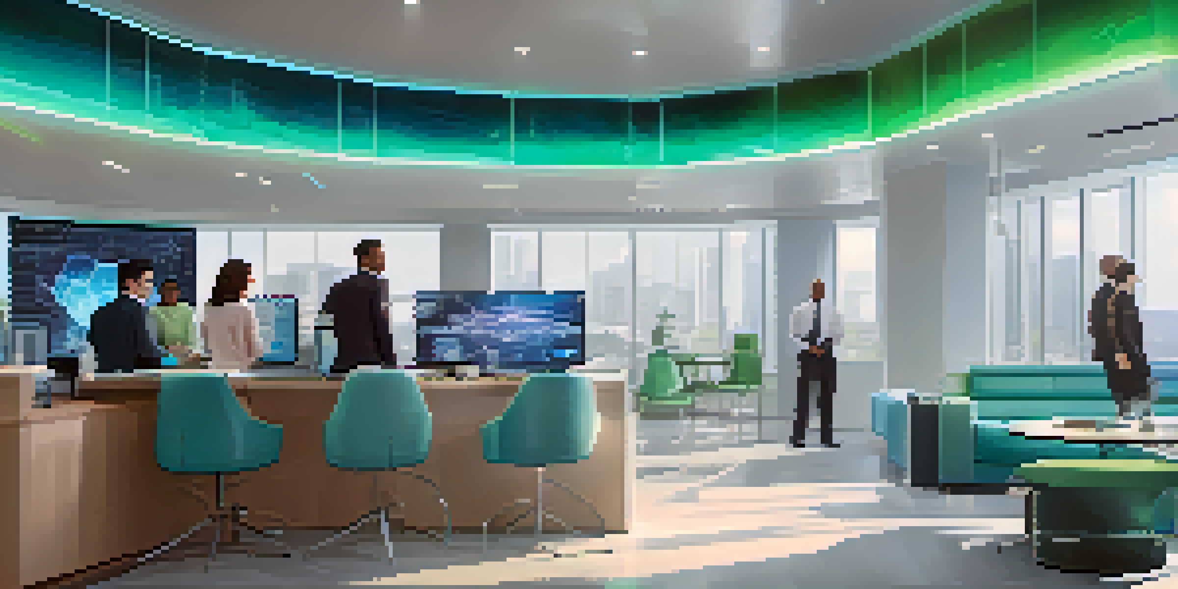 A modern insurance office with a digital screen showing decentralized insurance data and holographic images of diverse people.