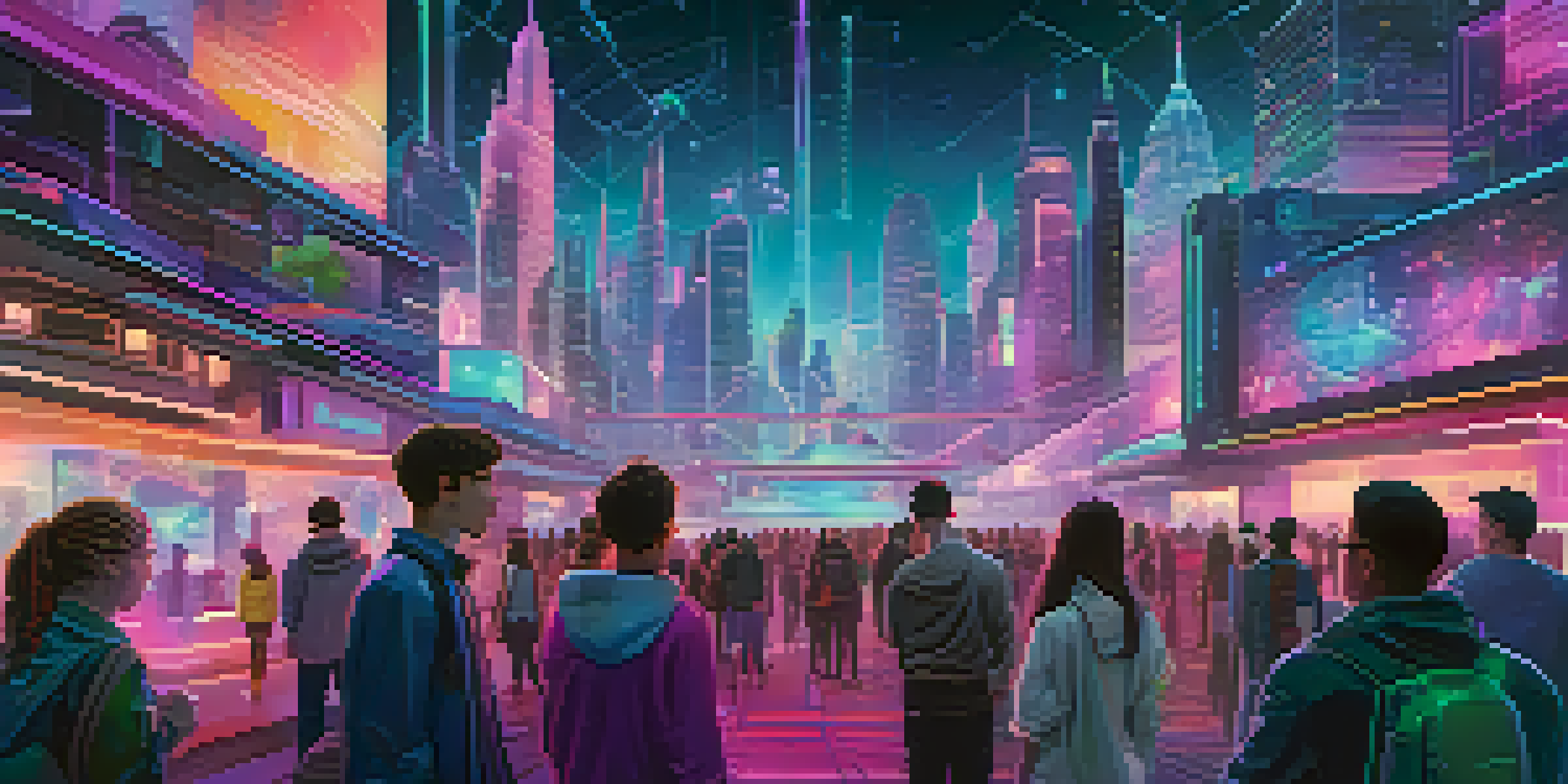 A futuristic city illuminated with neon lights, where diverse individuals use transparent interfaces, representing digital identity verification.