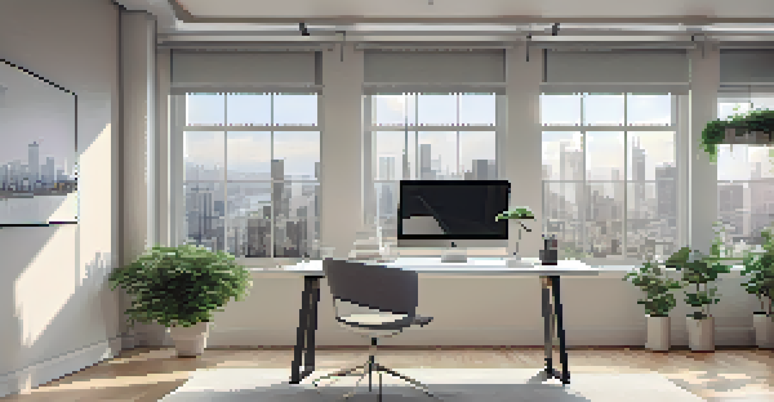 A modern workspace with a laptop and city skyline view, featuring minimalistic decor.
