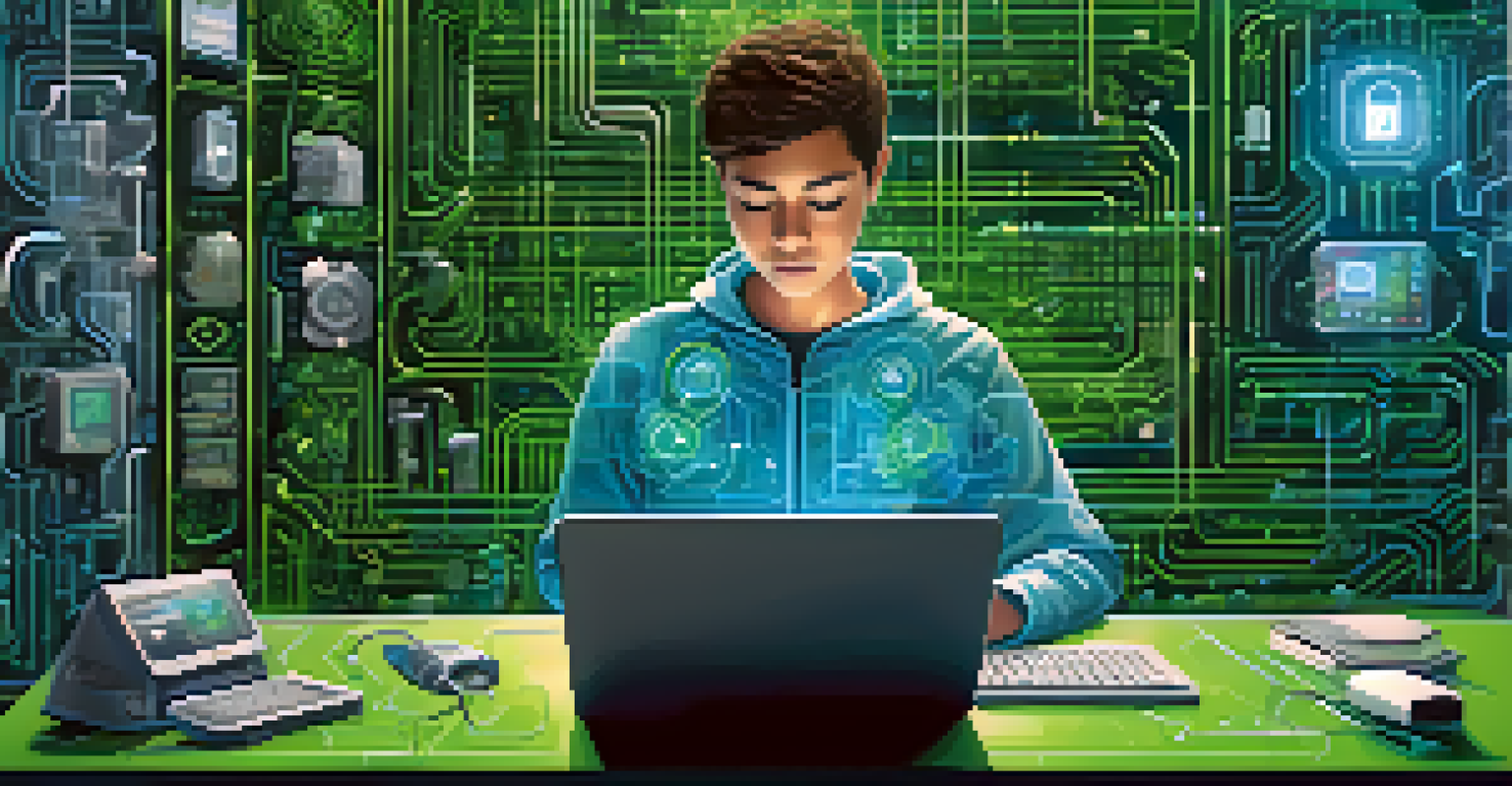A user engaging with a decentralized application interface, surrounded by symbols of privacy and security.