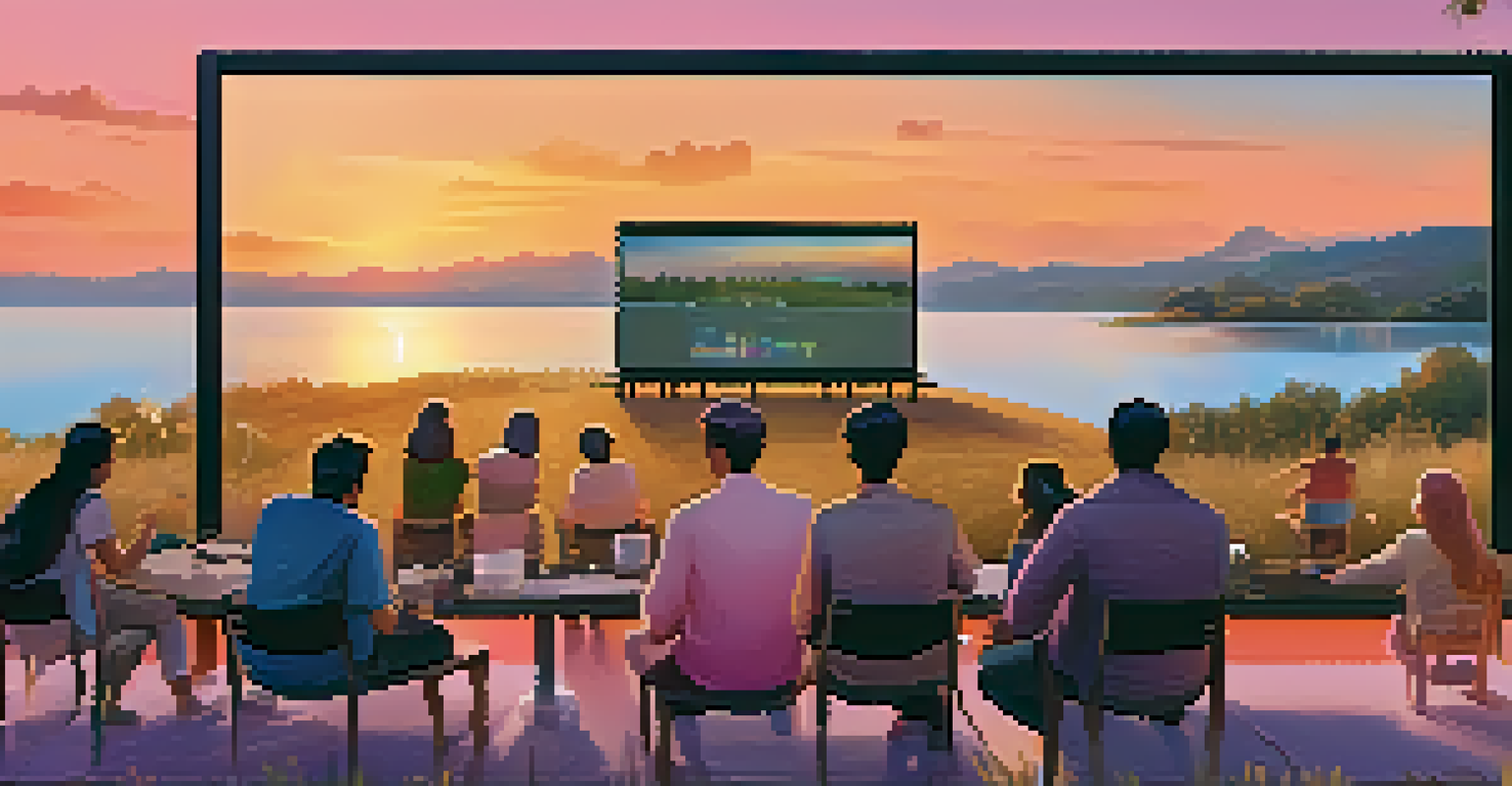 A group of people discussing governance in an outdoor setting with a digital screen showing DAO analytics at sunset.