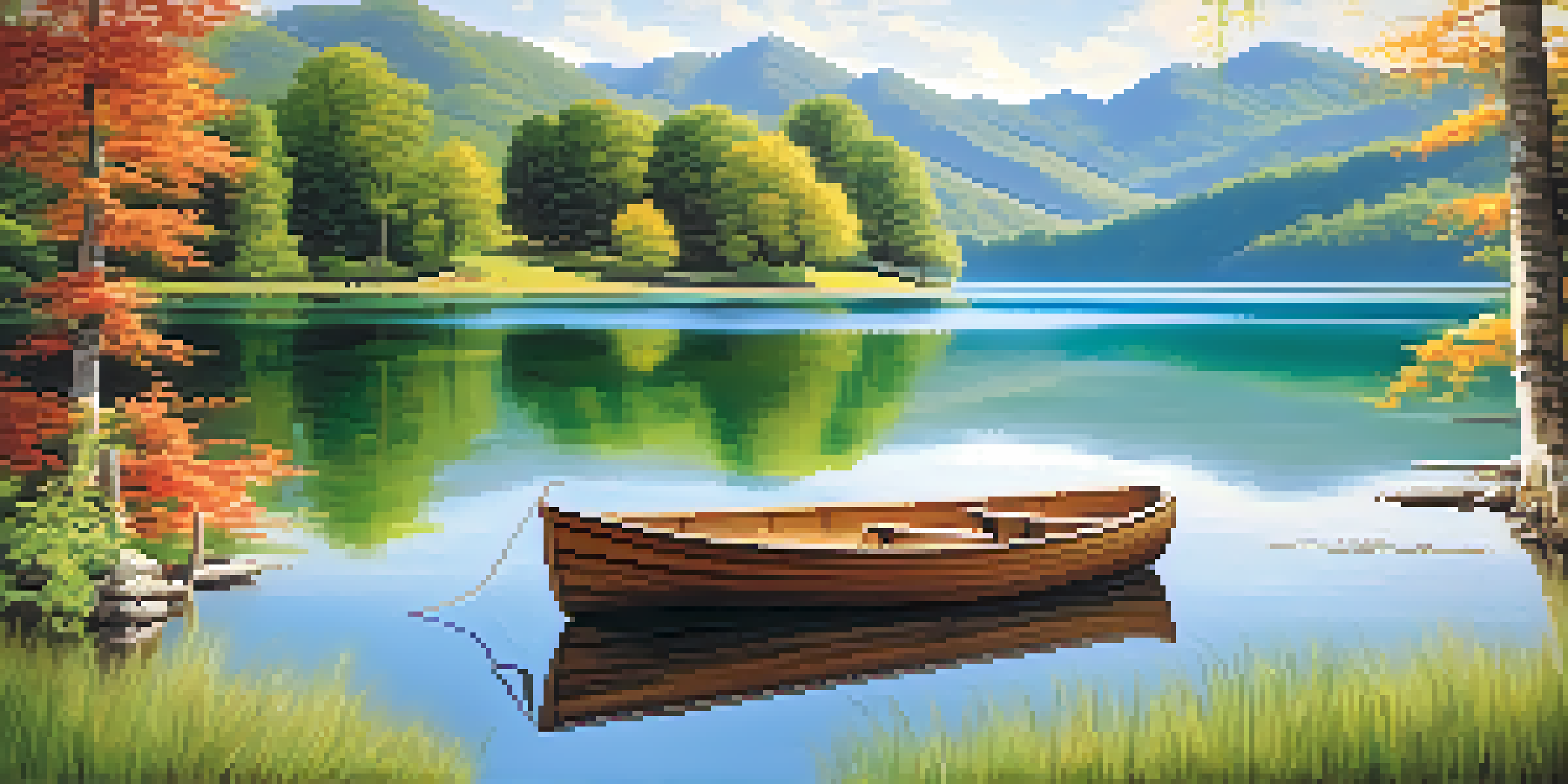 A tranquil lake surrounded by green mountains and a blue sky, with a wooden boat floating on the water.