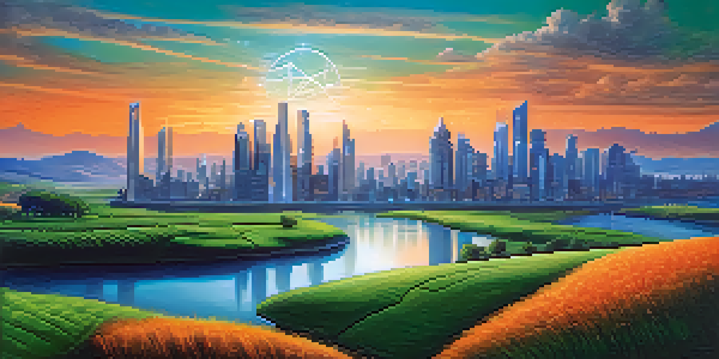 A peaceful landscape showing the transition from Ethereum 1.0 to Ethereum 2.0, with a futuristic skyline, green fields, and a river under a dawn sky.