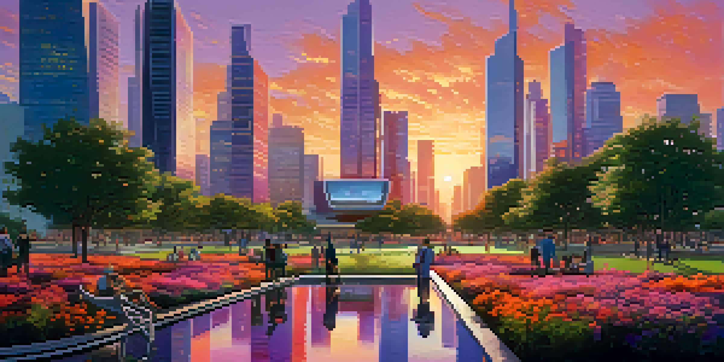 A vibrant sunset over a futuristic city skyline with skyscrapers and green spaces, and people enjoying a park in the foreground.