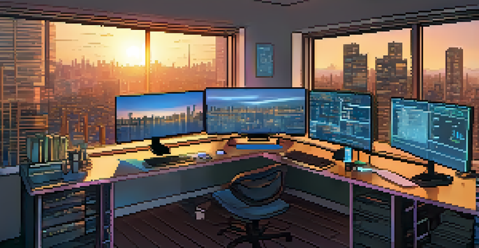 A colorful developer's workspace with multiple screens showing code, books on blockchain, and a sunset city skyline outside the window.