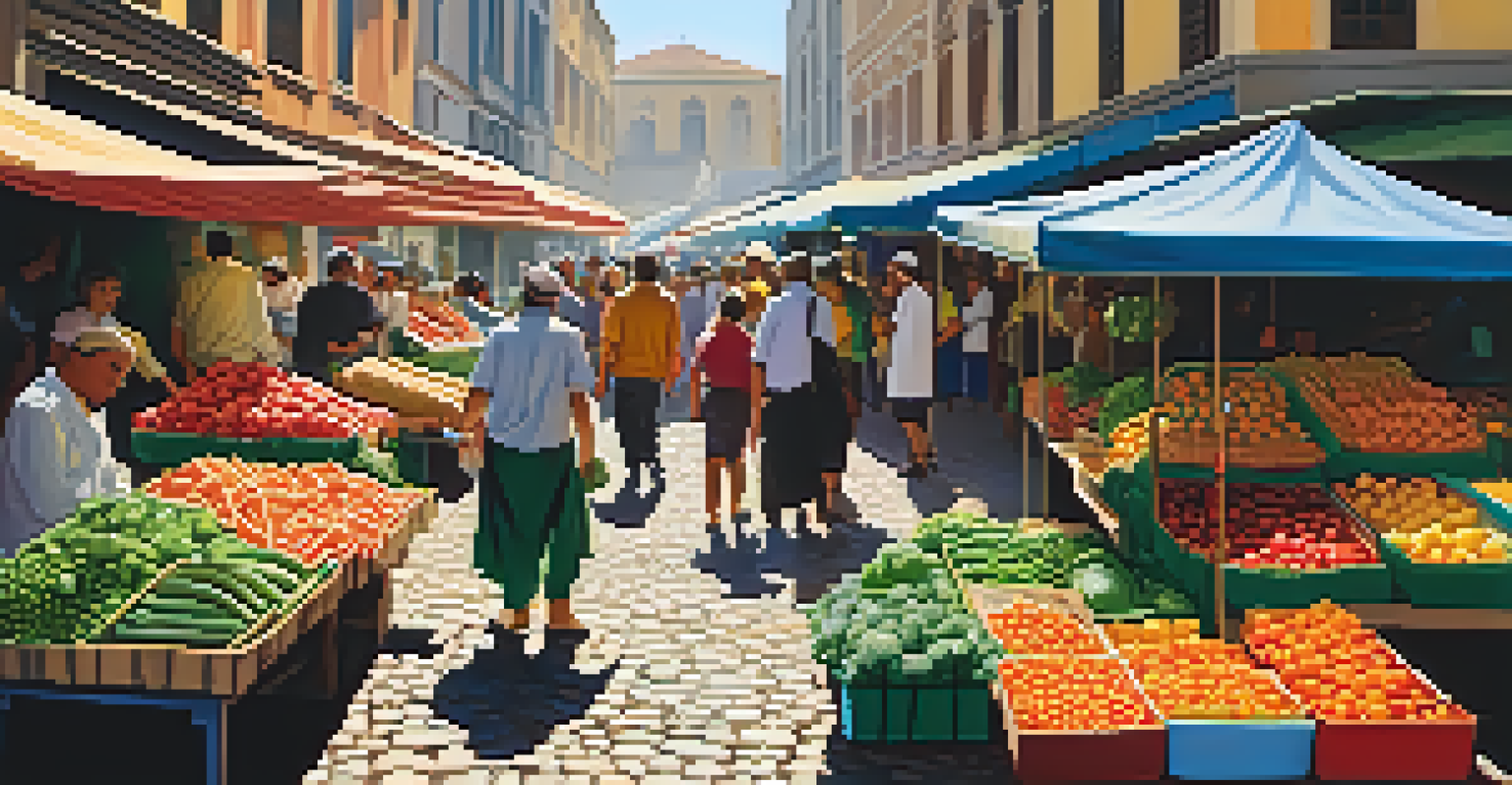 A lively outdoor market with colorful stalls and diverse crowds, selling fresh fruits and vegetables under bright sunlight.