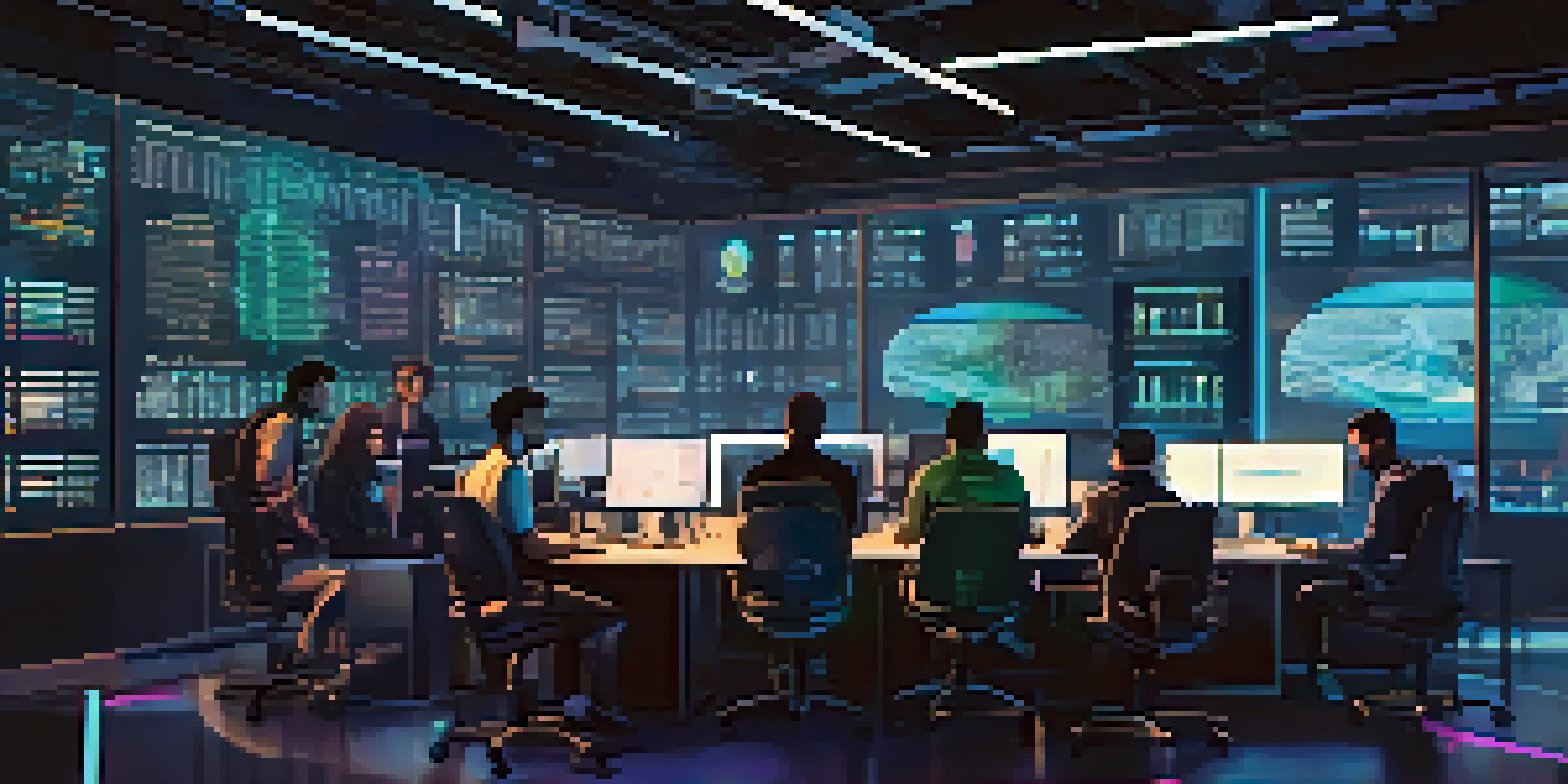 A group of diverse ethical hackers working together at a modern workspace with computers and security analytics.