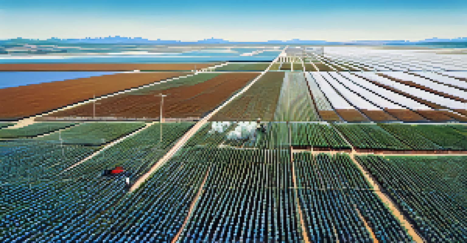 An aerial view of an organic cotton farm with a farmer inspecting plants and digital information overlay.