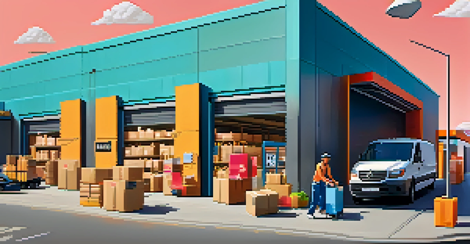 An online store with packages being delivered efficiently, highlighting a modern warehouse and vibrant colors.