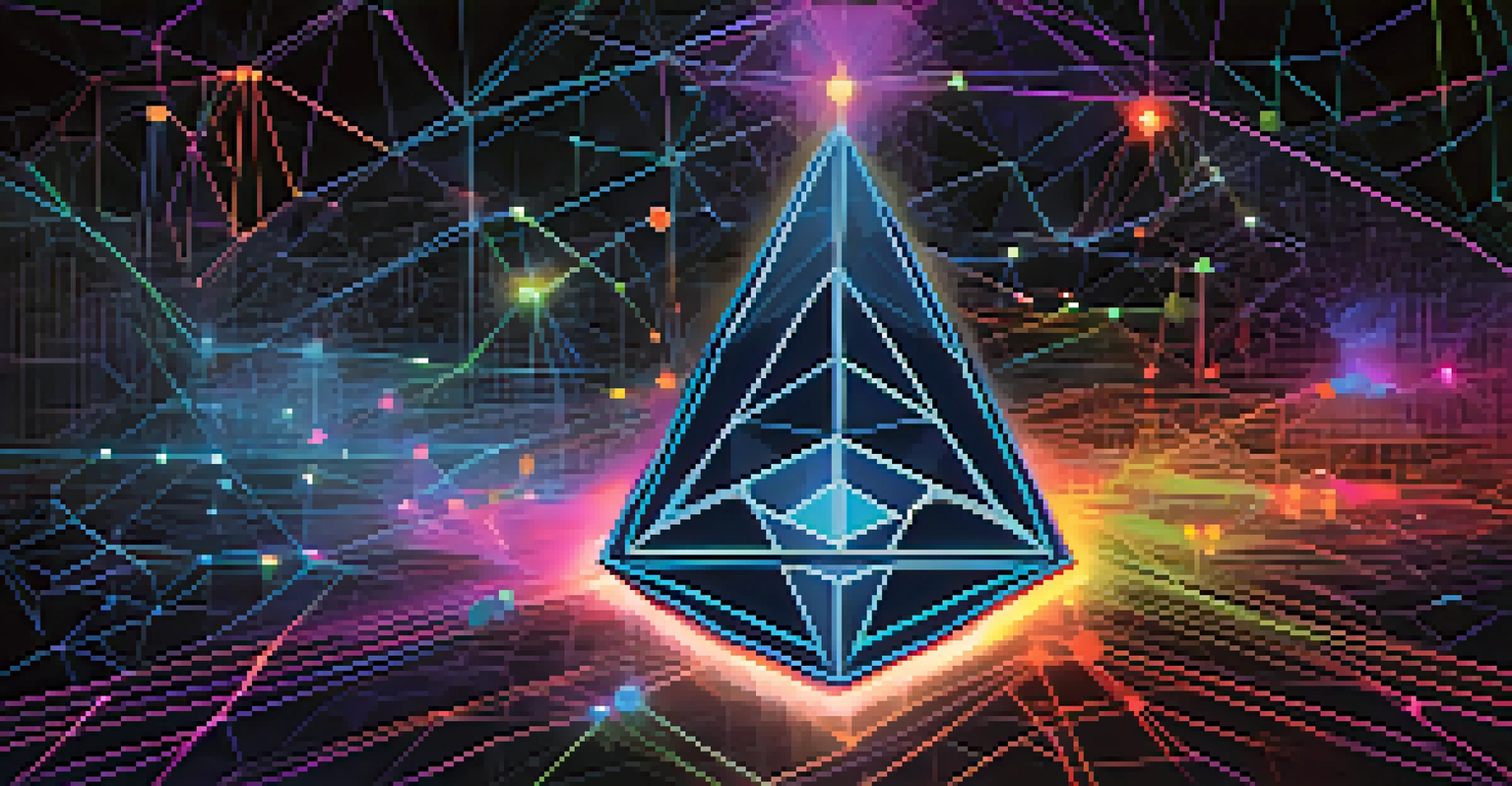 An abstract image of Ethereum's ecosystem with a central logo and interconnected nodes in neon colors against a dark background.