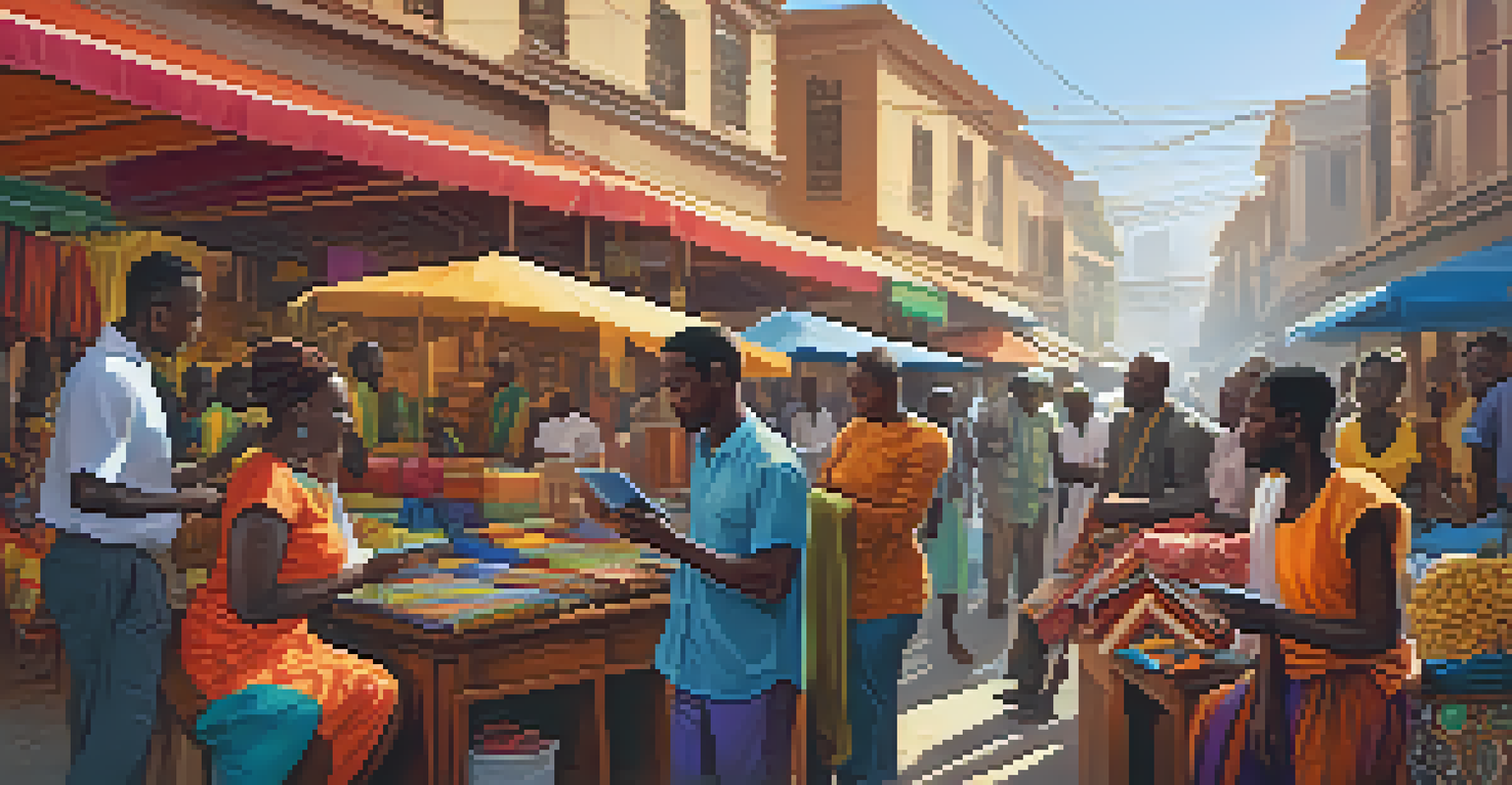 A busy street scene in an African city with entrepreneurs discussing over a tablet amidst colorful market stalls.