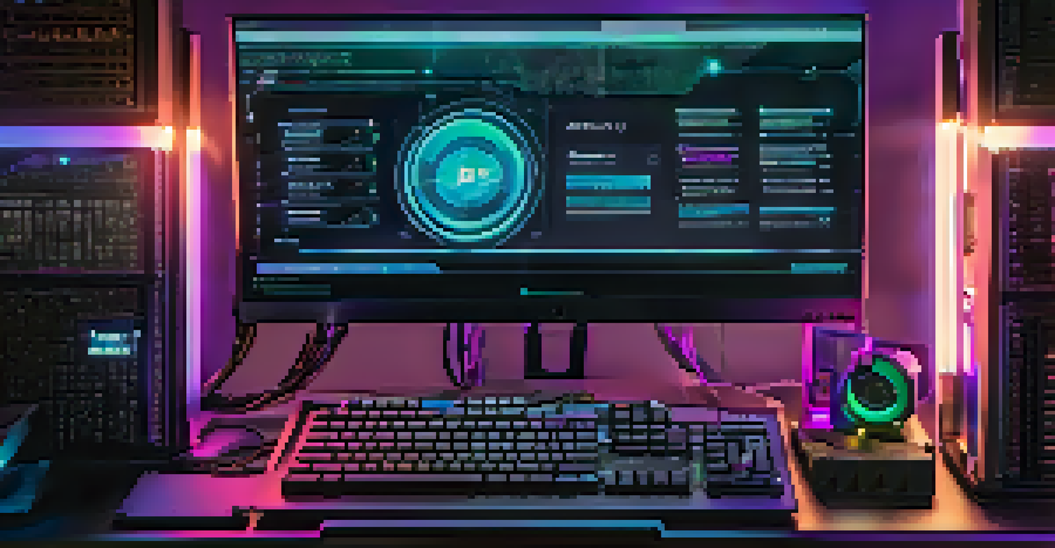 An intricate computer setup for Ethereum mining with graphics cards and colorful LED lights.
