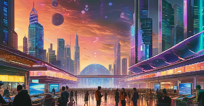 A futuristic cityscape with neon lights and skyscrapers, showcasing people using digital devices in a blockchain technology environment under a starry twilight sky.