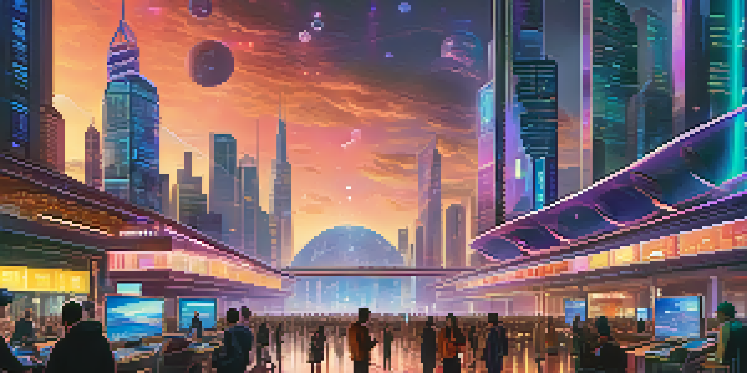 A futuristic cityscape with neon lights and skyscrapers, showcasing people using digital devices in a blockchain technology environment under a starry twilight sky.