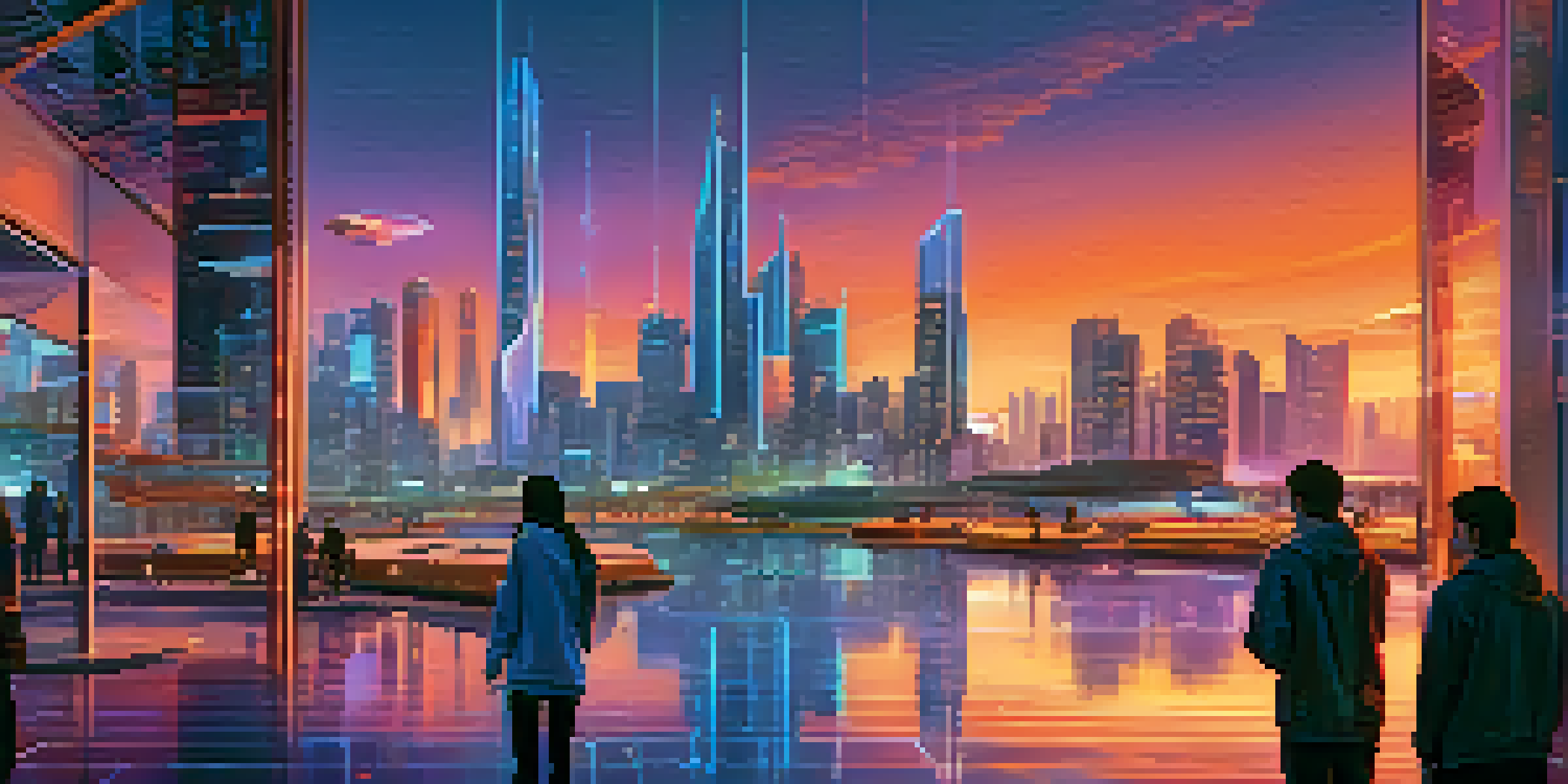 A modern city skyline with neon lights and people using holographic screens against a dusk sky.