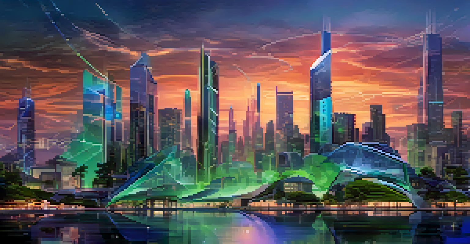 A futuristic cityscape at dusk with buildings represented as digital twins, highlighted by glowing data visualizations.