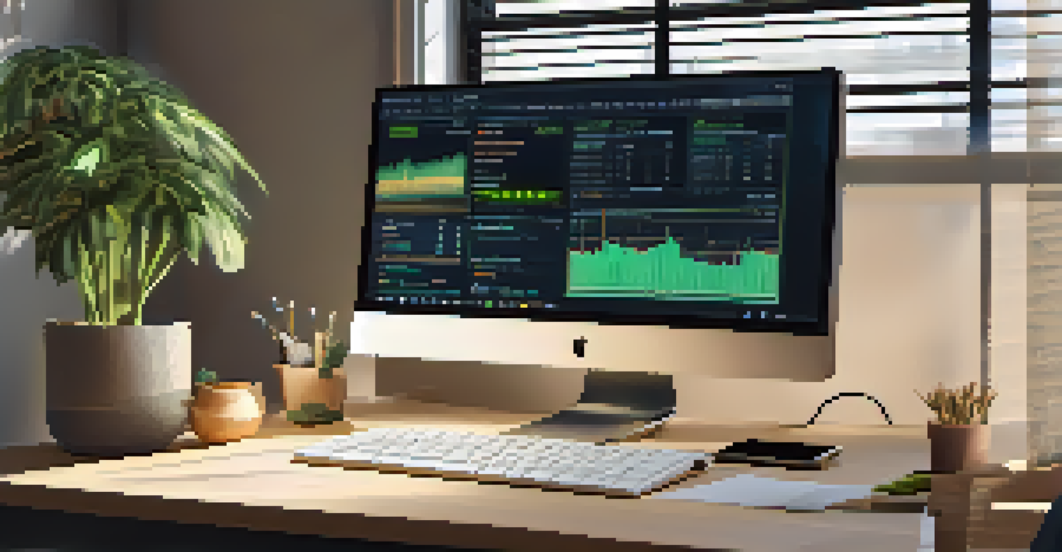 A workspace with a computer showing tax software for cryptocurrency, alongside a plant and books.
