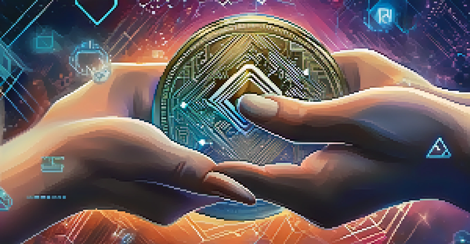 Two hands exchanging a digital token with Ethereum and token standard symbols, set against a blurred background of blockchain designs.