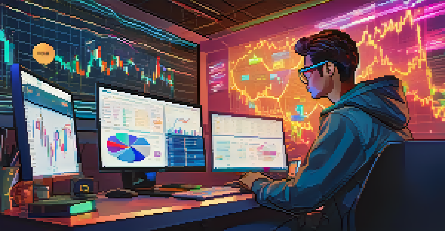 A cryptocurrency trader at a computer, executing a flash loan transaction, surrounded by colorful charts and graphs.