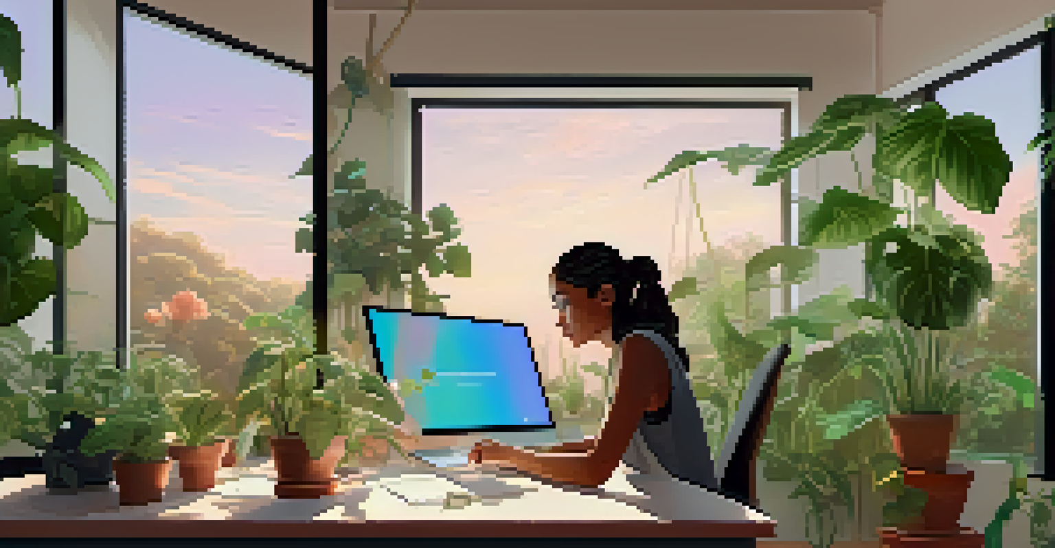 A content creator working in a cozy workspace, surrounded by plants, engaging with their audience through a computer.
