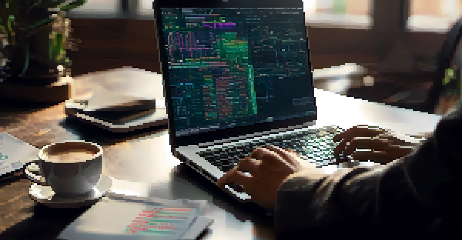 A close-up of hands typing on a laptop with blockchain code and diagrams on the screen in a modern workspace.