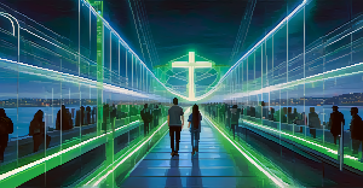 A high-tech transparent bridge connecting various blockchain logos with people exchanging assets.