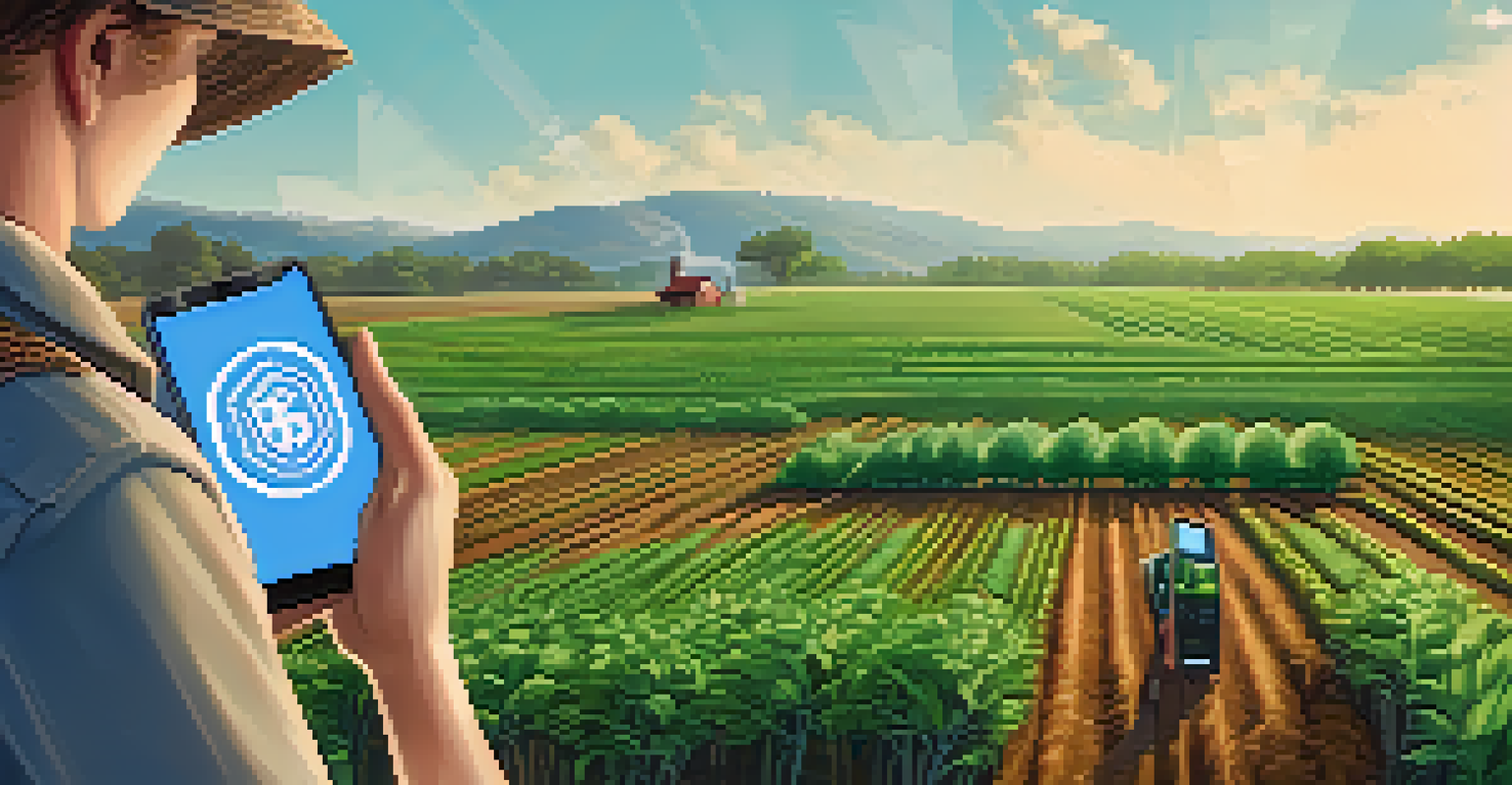 A farmer in a green field using a smartphone with a blockchain application, representing transparency in supply chains.