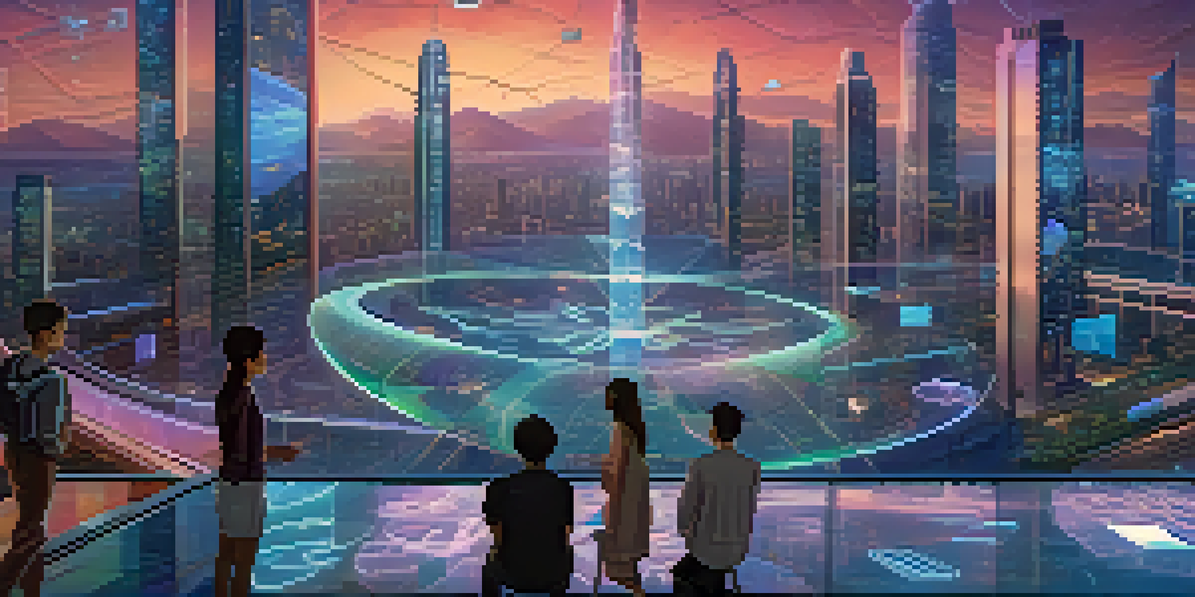 A futuristic cityscape with glass skyscrapers and neon lights, featuring people interacting with holographic displays related to blockchain technology.