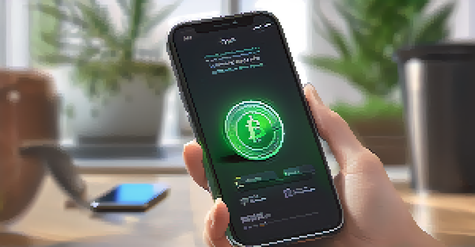 A close-up of a hand holding a smartphone showing a digital wallet with Ethereum tokens in a bright office environment.