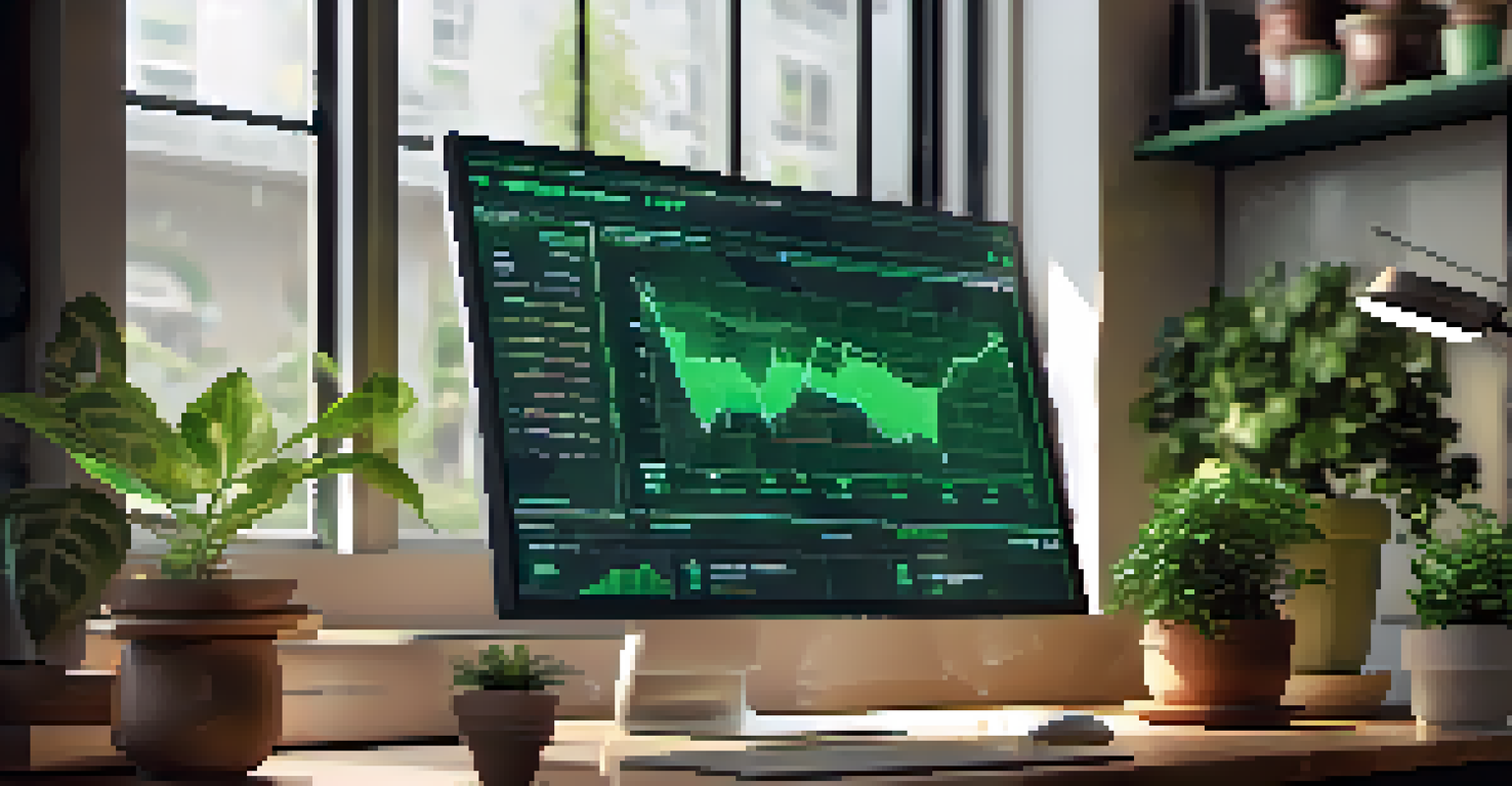 A computer screen showing Ethereum's proof-of-stake interface with green graphs in a cozy workspace filled with plants.