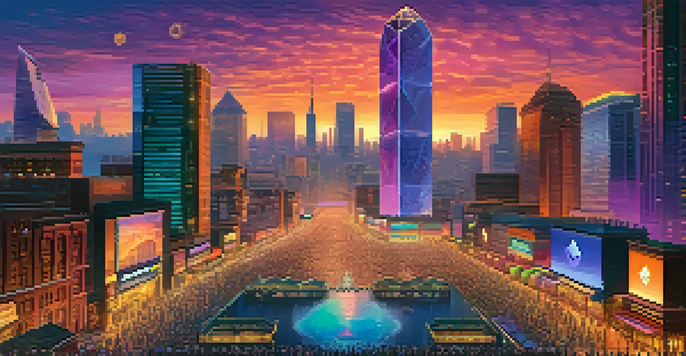 A lively digital marketplace with colorful Ethereum tokens, a city skyline at dusk, and diverse people interacting with digital screens.