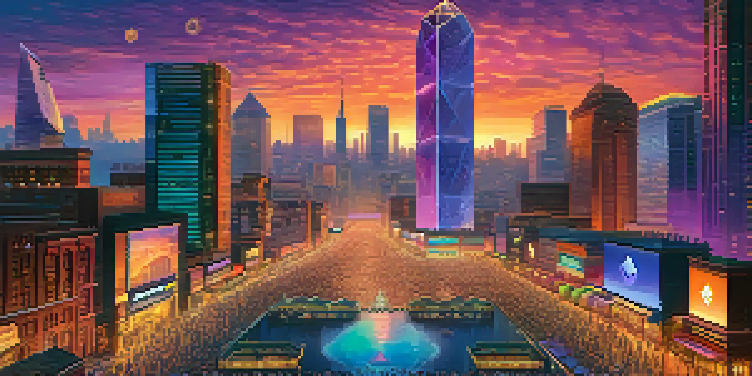 A lively digital marketplace with colorful Ethereum tokens, a city skyline at dusk, and diverse people interacting with digital screens.