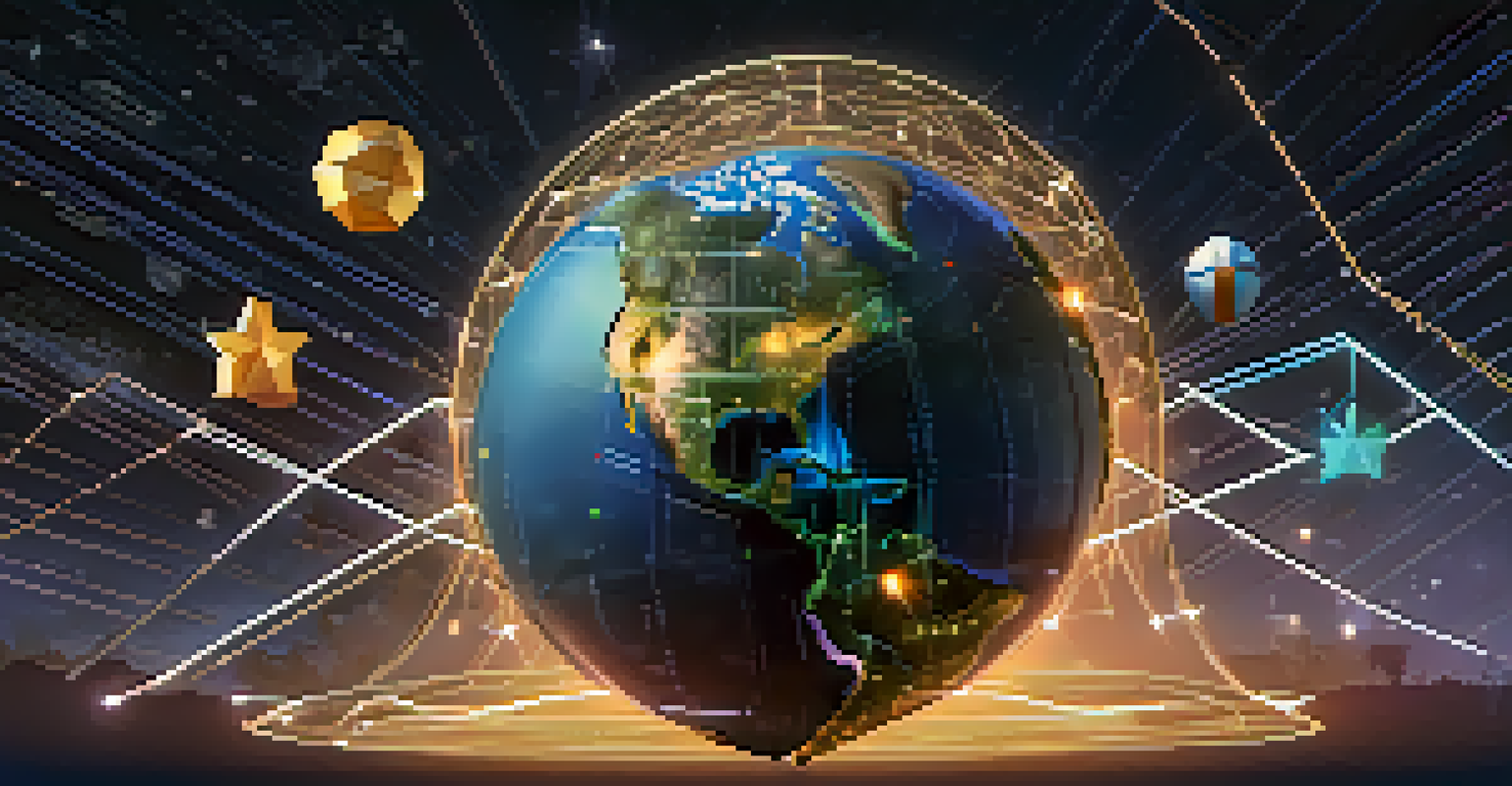 A globe with digital lines connecting locations and icons representing nonprofit causes, against a starry night sky.
