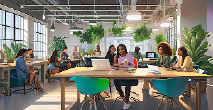 A group of diverse women collaborating in a bright co-working space, discussing blockchain technology with laptops and digital devices.