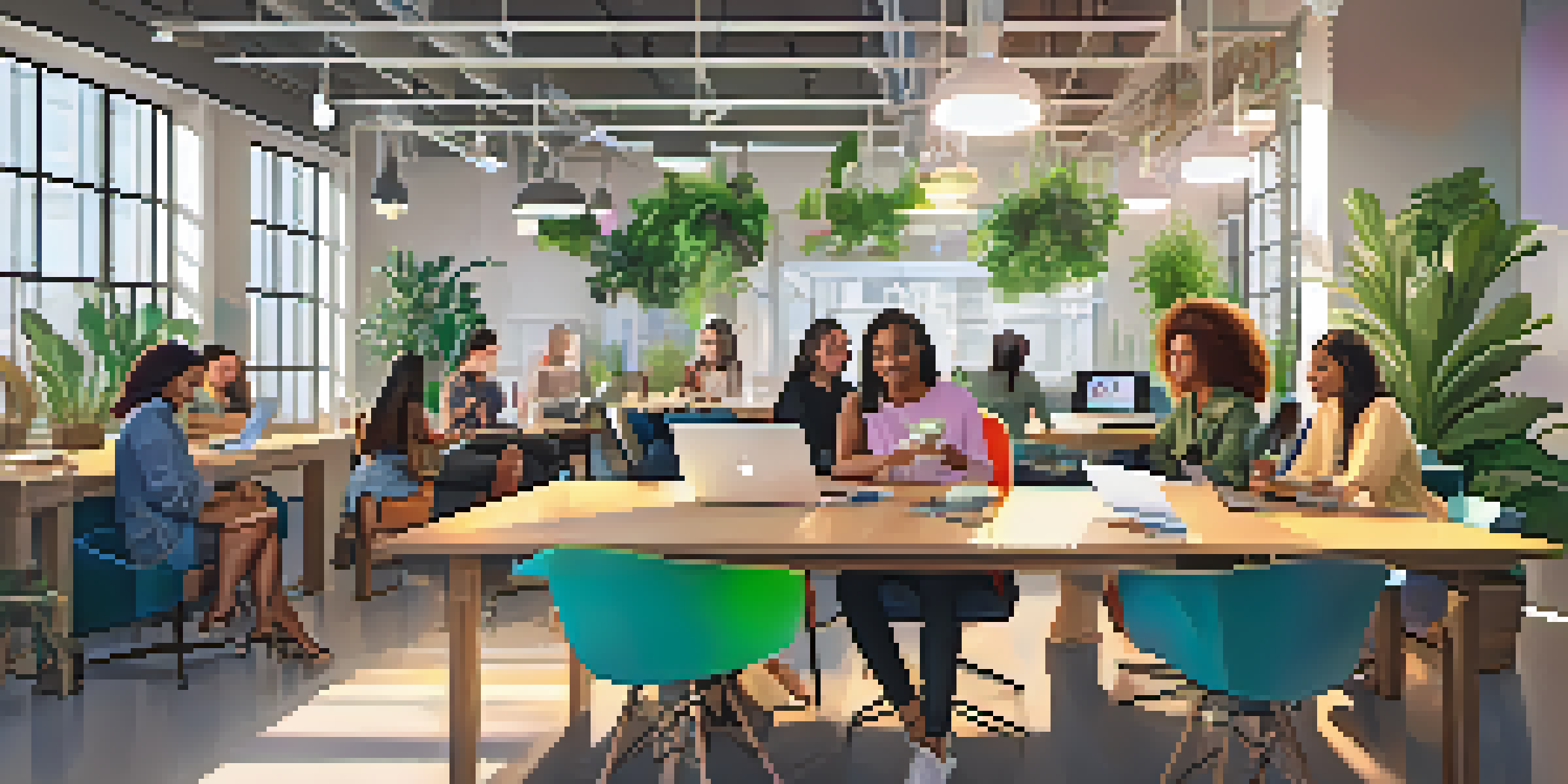 A group of diverse women collaborating in a bright co-working space, discussing blockchain technology with laptops and digital devices.