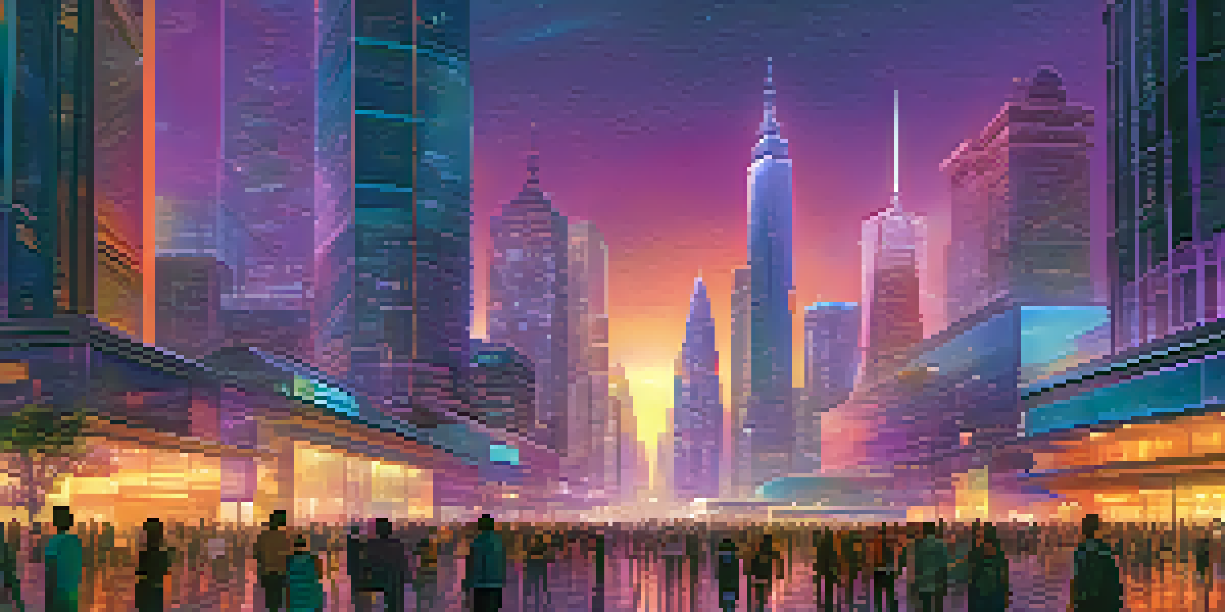 A futuristic city skyline at dusk with colorful skyscrapers and diverse people using digital devices, illuminated by streetlights.
